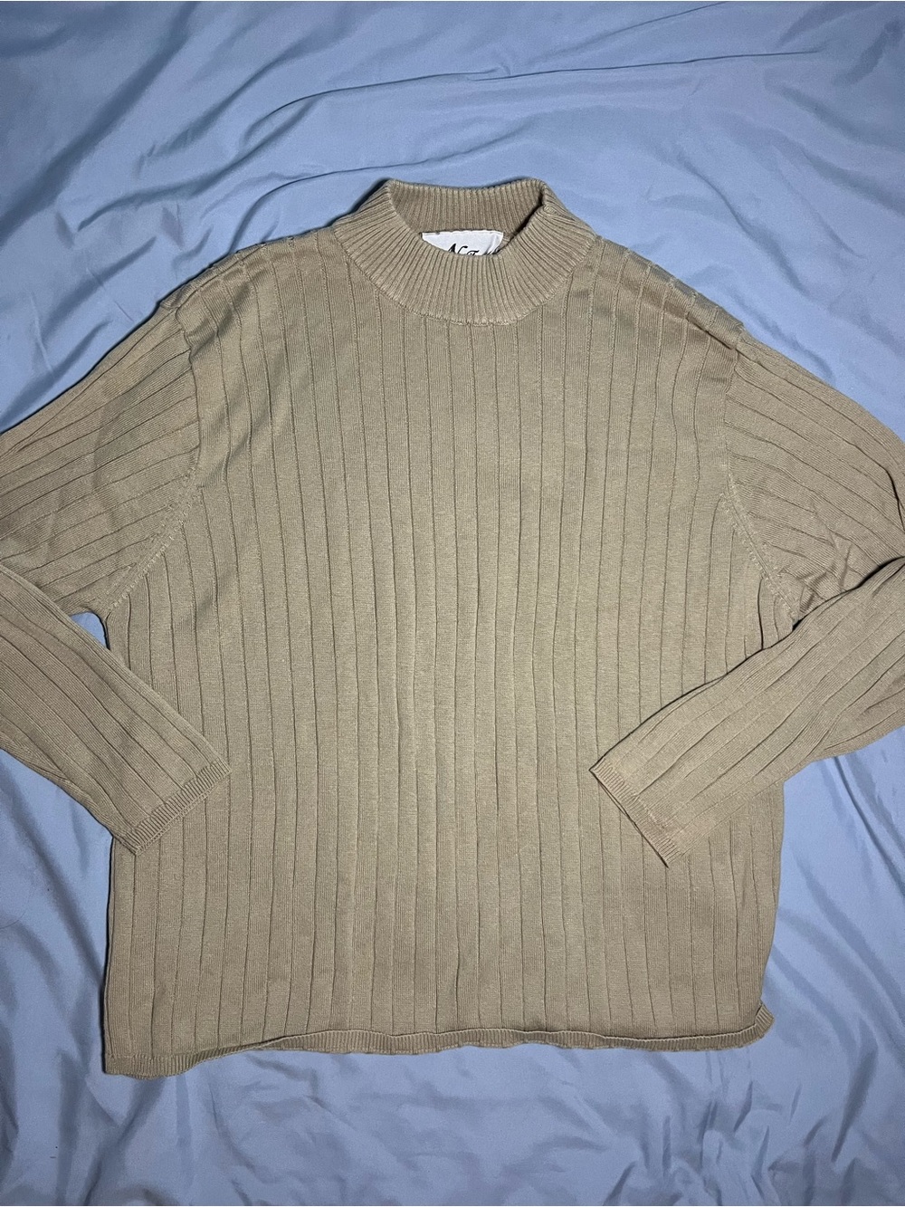 Vintage N Touch Beige Ribbed Knit Mock Neck Sweater